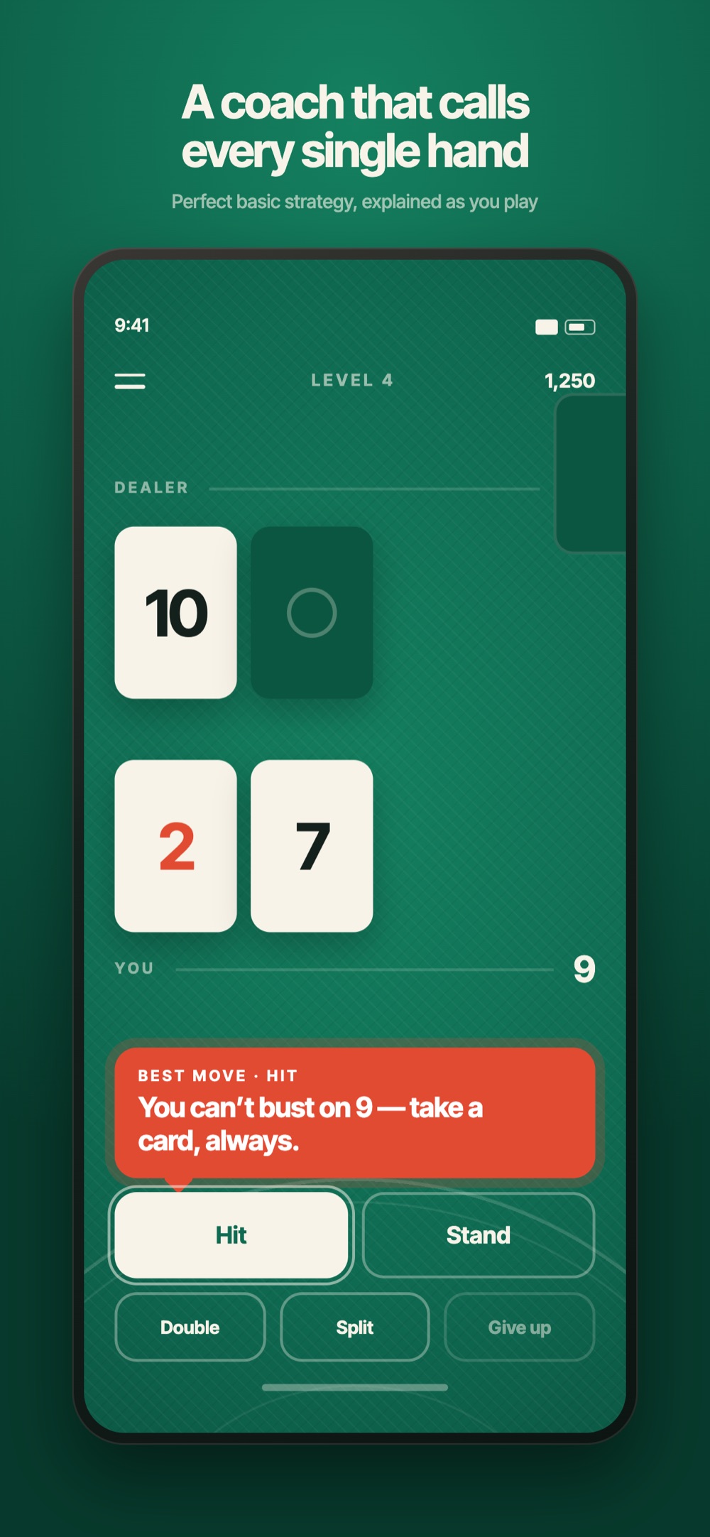 The app coaching a hand: dealer shows 10, your total is 9, and the coach says hit.