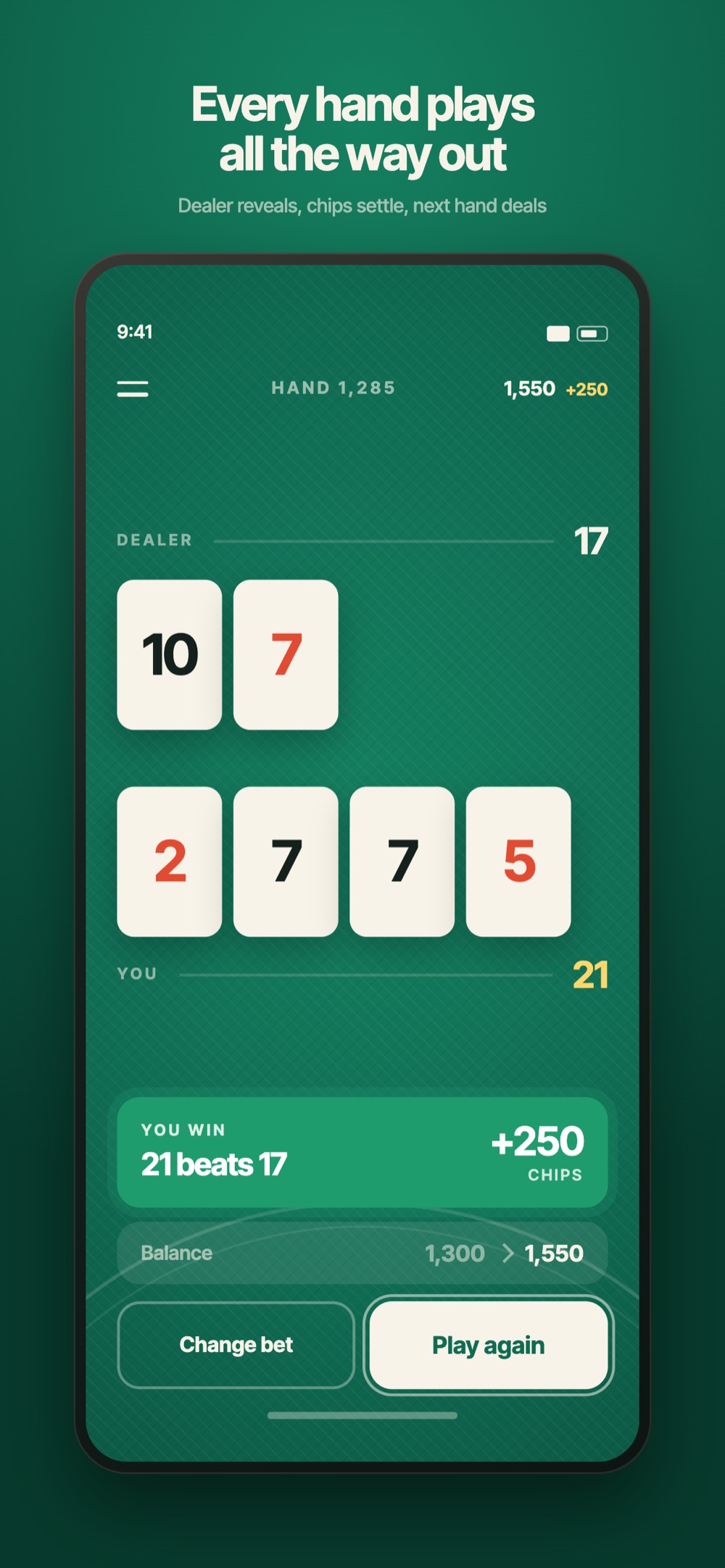 Round result summary at the end of a hand